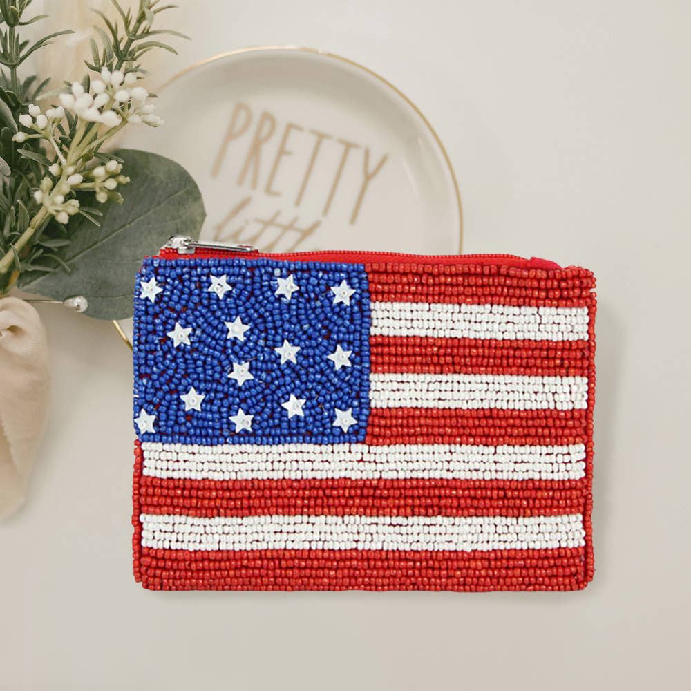 American Flag Seed Beaded Mini Pouch