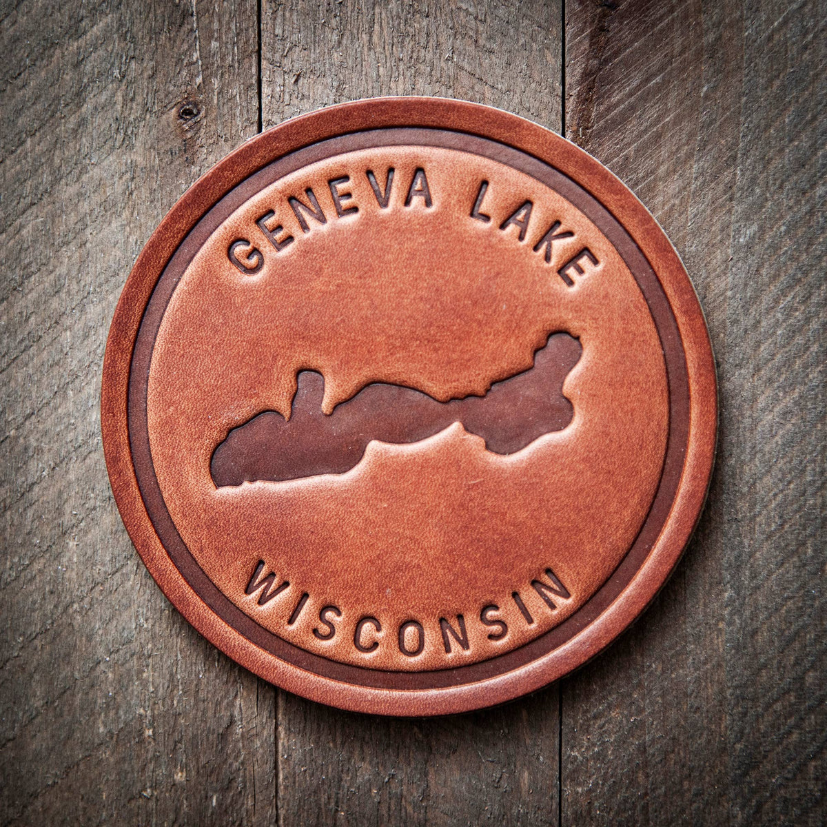 Geneva Lake Wisconsin Silhouette Leather Coaster
