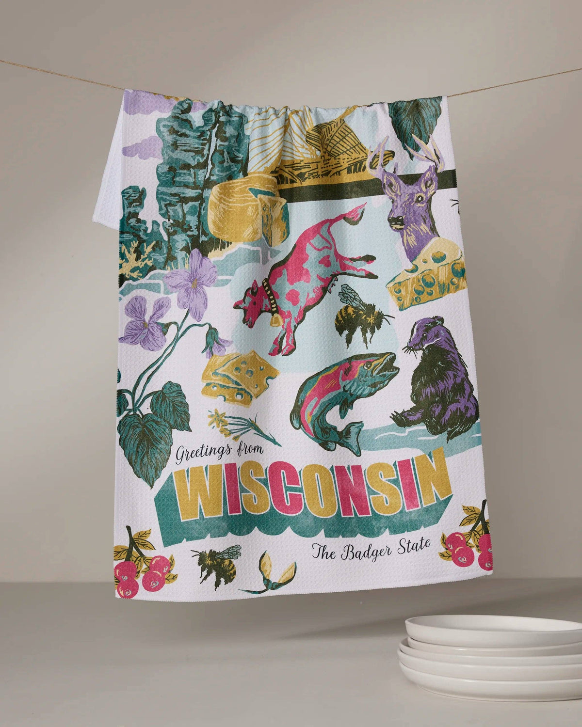Greetings From Wisconsin Tea Towel by Geometry