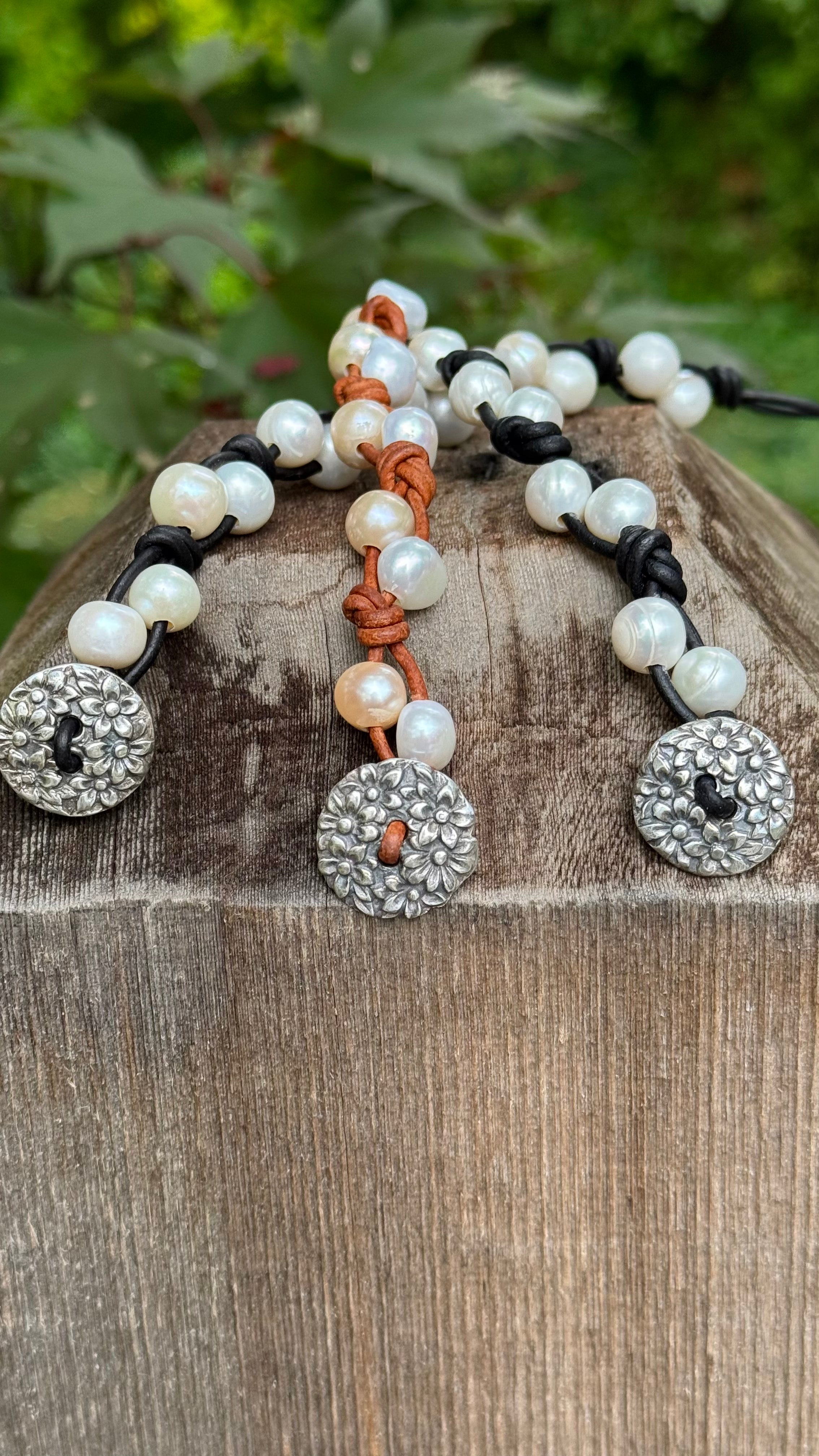 Woman's 2 Up Silver, Pearl and Leather Bracelet - Medium