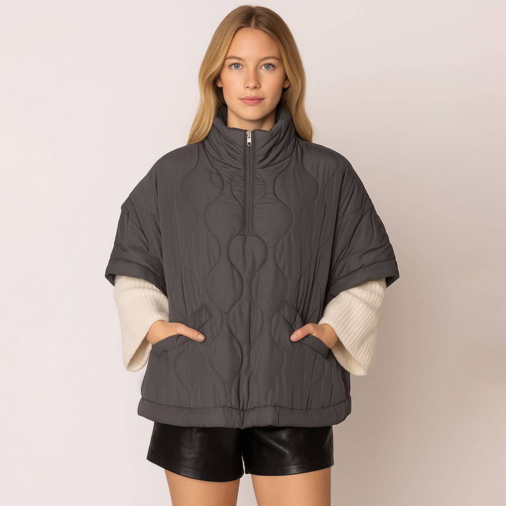 Quilted Short Sleeves Puffer Pullover Poncho