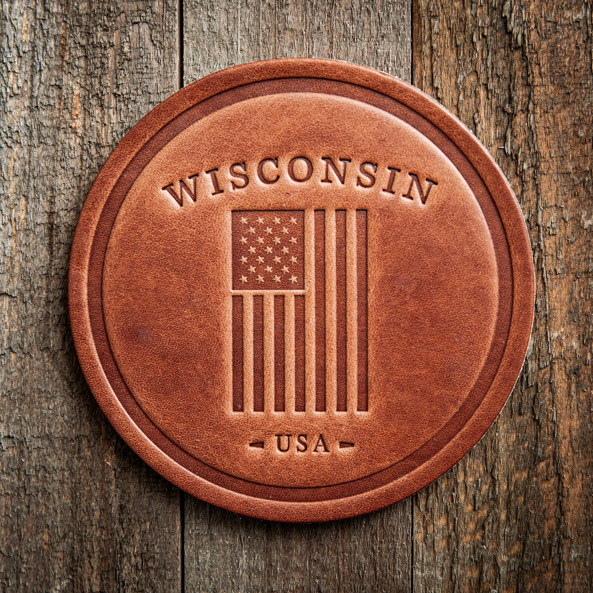 Wisconsin American Flag Leather Coaster